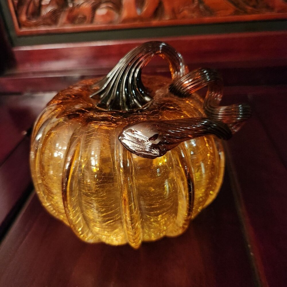 5" H Hand-Blown Glass Pumpkin Decoration with Crackled Finish in Amber & Brown